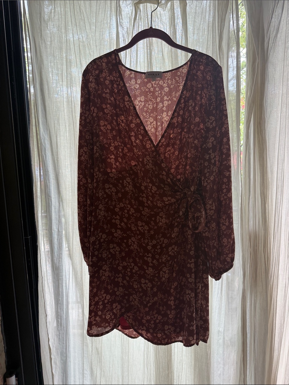 Wilfred Burgundy Floral Wrap Mini Dress